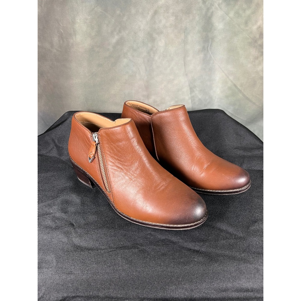 Vionic Jolene Tan Leather Ankle Boots Burnished Toe Side Zip VS350 Womens 9